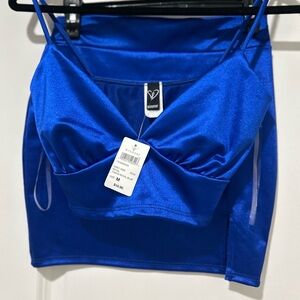 Windsor Royal Blue Satin Spaghetti Strap Crop Top with matching mini skirt.